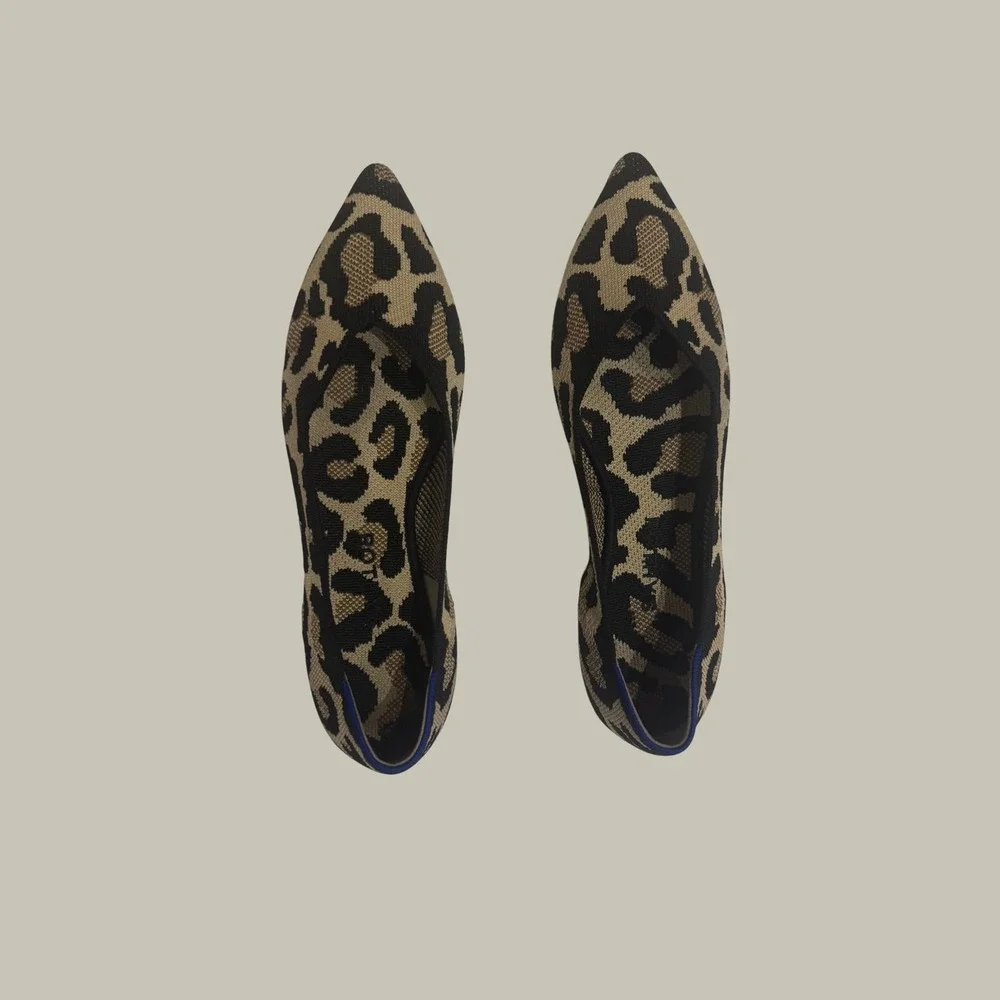 Rothys The Point Leopard Print Pointed Toe Knit Flats Brown Black Tan Size 9.5